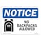 Signmission OSHA Notice, 5" Height, No Backpacks Allowed Sign With Symbol, 7" X 5", Landscape OS-NS-D-57-L-14386 - alternate 1